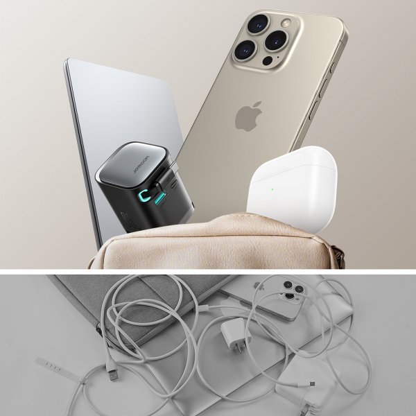 Joyroom 65W Väggladdare med inbyggd USB-C kabel & USB-A/USB-C uttag Svart
