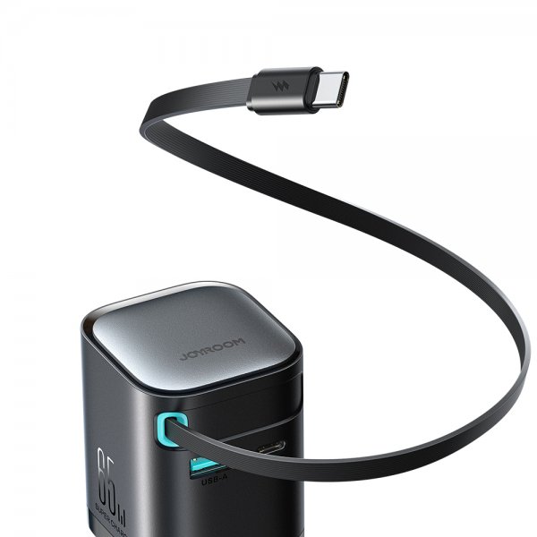 Joyroom 65W Väggladdare med inbyggd USB-C kabel & USB-A/USB-C uttag Svart