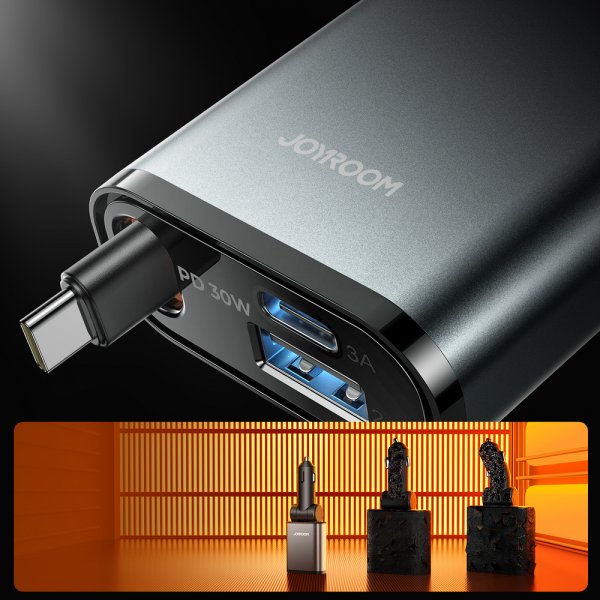 Joyroom 45W Billaddare med inbyggd USB-C kabel & USB-A/USB-C uttag Grå