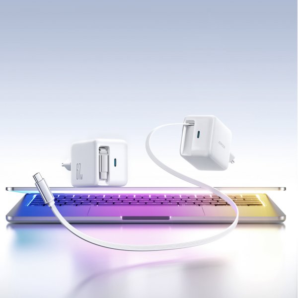 Joyroom 67W Väggladdare med inbyggd USB-C kabel & USB-C uttag Vit