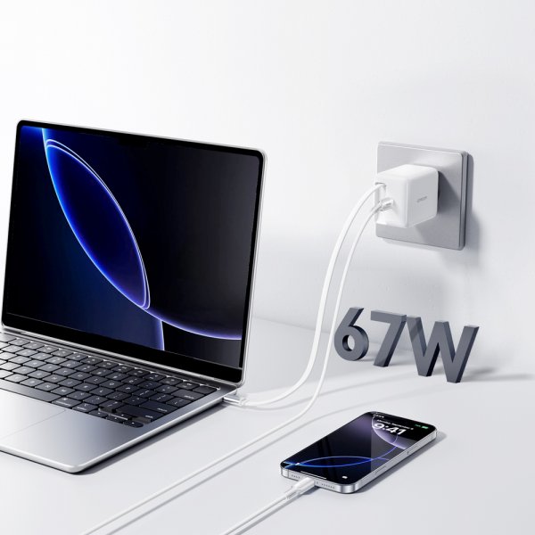 Joyroom 67W Väggladdare med inbyggd USB-C kabel & USB-C uttag Vit