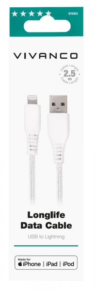 Vivanco Kabel Longlife Braided USB-A/Lightning 2.5m Vit