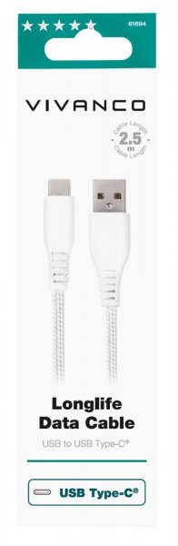 Vivanco Kabel Longlife Braided USB-A/USB-C 2.5m Vit