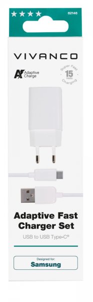 Vivanco Laddare med Kabel Adaptive Fast Charger Set USB-C 15W 1m Vit