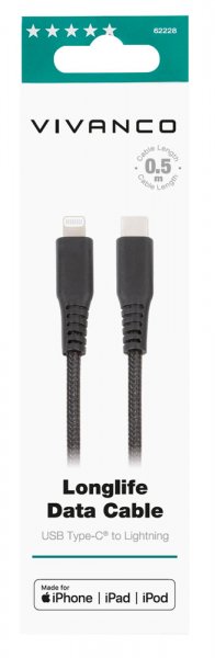 Vivanco Kabel Longlife Braided USB-C/Lightning 0.5m Svart