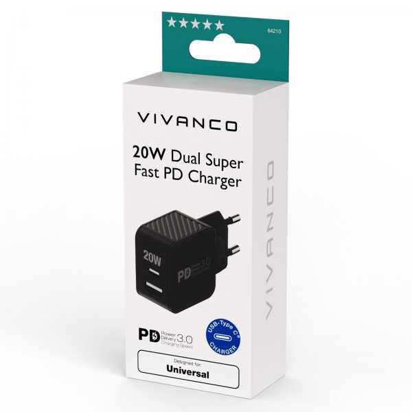 Vivanco Laddare 20W Dual Super Fast PD Charger Svart