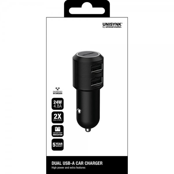 Unisynk 2x USB-A Billaddare 24W