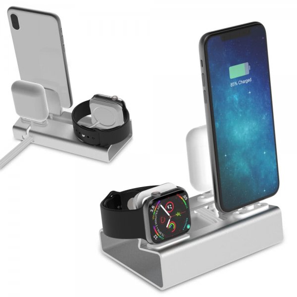 3-i-1 Hållare för iPhone. Apple Watch och AirPods Silver