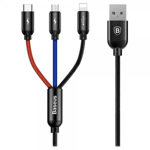Baseus 3-i-ett Kabel Micro USB/Type-C/Lightning 1.2 m Trefärgad Svart