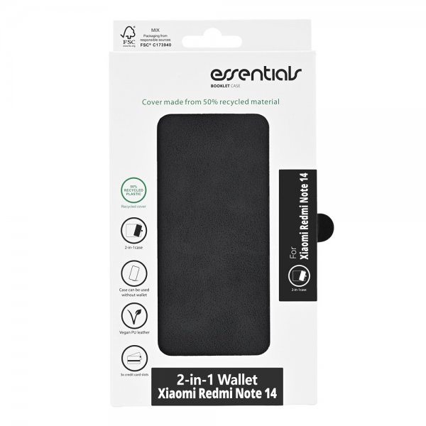 Essentials Xiaomi Redmi Note 14 5G Fodral 2-in-1 Vegan Leather Svart