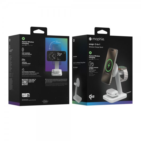 Mophie Trådlös Laddare Snap+ 3-in-1 Wireless Charge Stand Qi2 MagSafe Vit