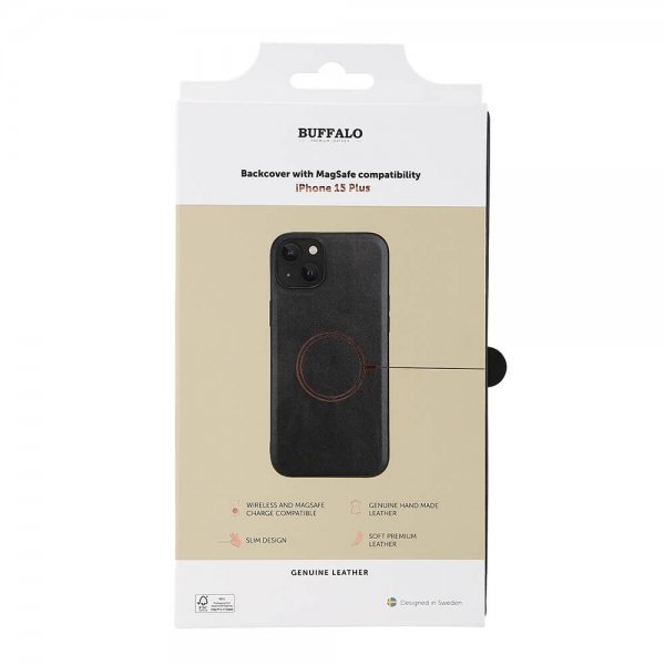 Buffalo iPhone 15 Plus Skal Äkta läder MagSeries Svart