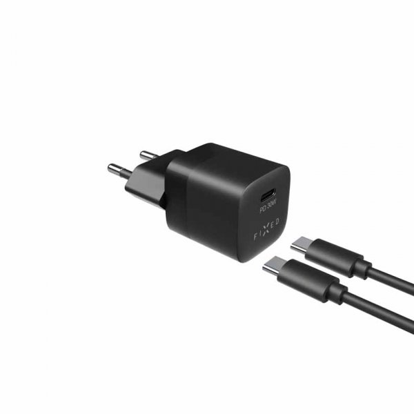 Fixed Laddare med Kabel Mini PD Travel Charger Kit USB-C/USB-C 30W Svart