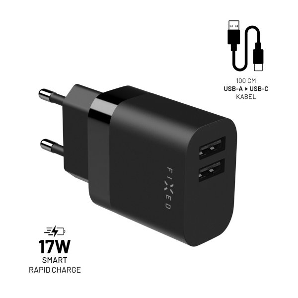 Fixed Laddare med USB-C Kabel 1m 2xUSB-A 17W Svart