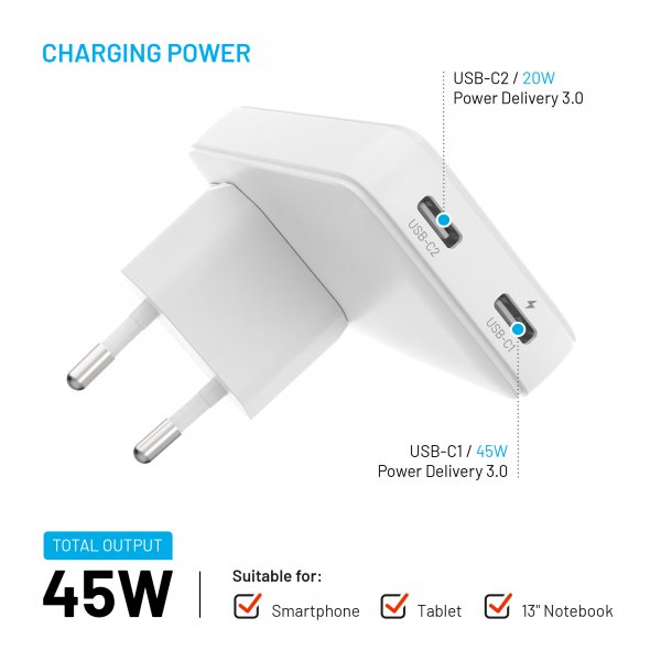 Fixed Reseladdare Slim Traveller 2xUSB-C 45W