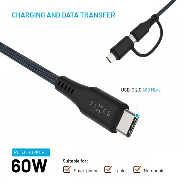 Fixed Kabel 2in1 USB-C/Lightning 60W 1.2m Svart