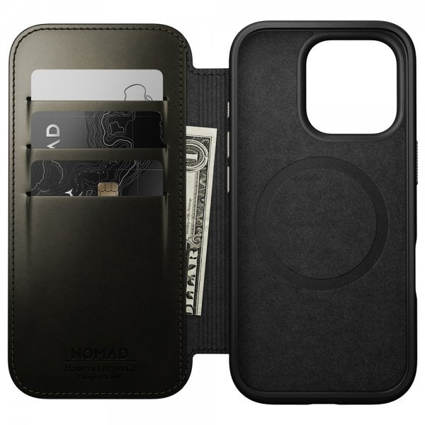 Nomad iPhone 16 Pro Fodral Modern Leather Folio Horween Green Chrome