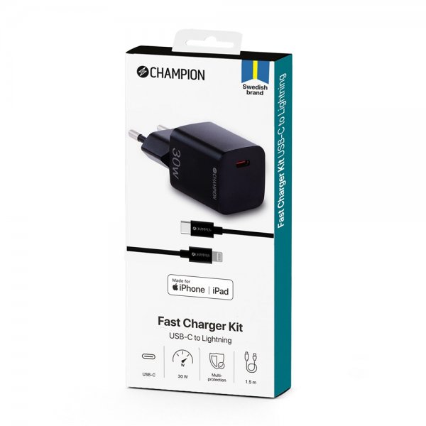 Champion Laddare med Kabel Fast Charger Kit USB-C till Lightning 20W Svart