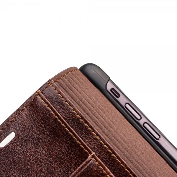 Qialino iPhone Xs Max Fodral Äkta Läder Kortfack Brun