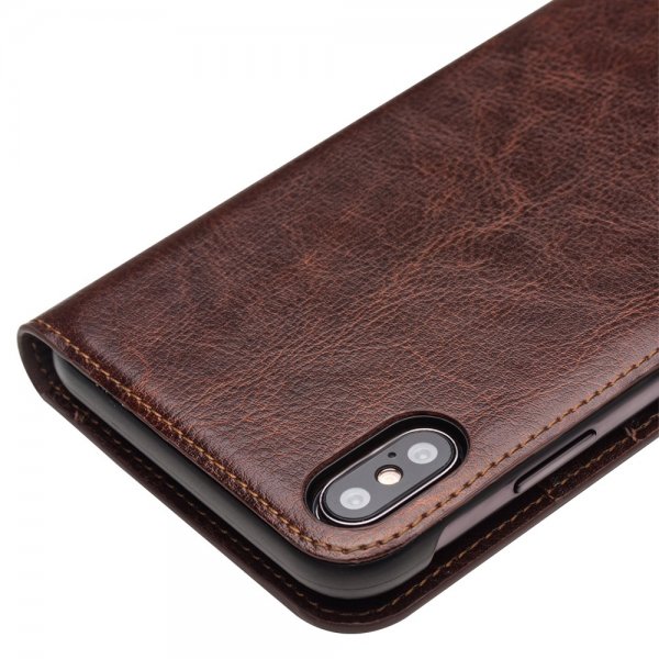 Qialino iPhone Xs Max Fodral Äkta Läder Kortfack Brun