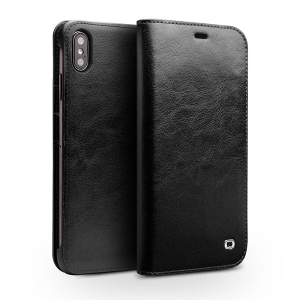 Qialino iPhone Xs Max Fodral Äkta Läder Kortfack Svart