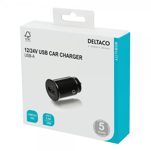 Deltaco Billaddare 12/24V USB-A Car Charger