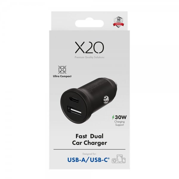X2O Billaddare 30W Dubbel USB-C/USB-A GaN Svart