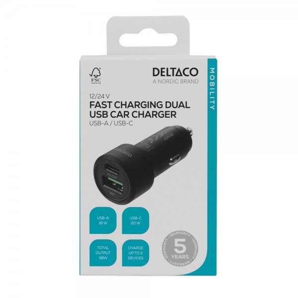 Deltaco Billaddare Fast Charging Dual USB Car Charger