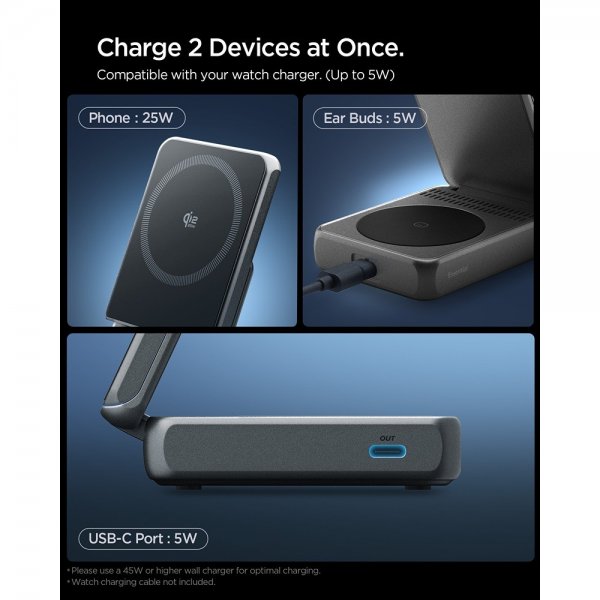 Spigen Essential 2-i-1 Vikbar Laddningsstation MagSafe Qi2 25W