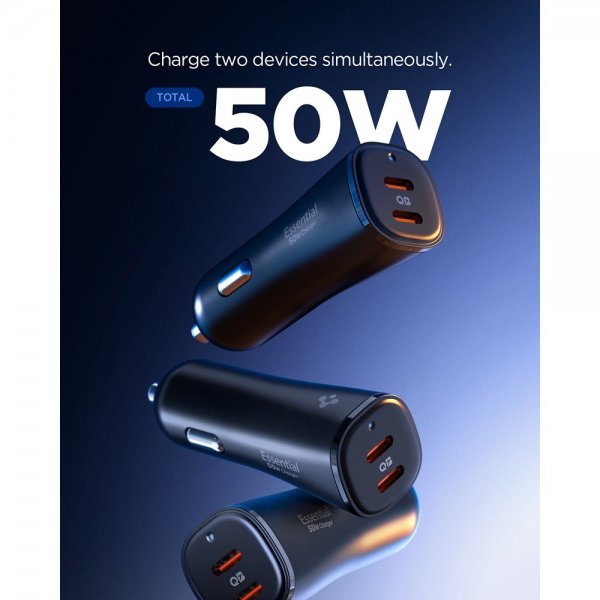 Spigen Essential Billaddare 50W 2xUSB-C Svart