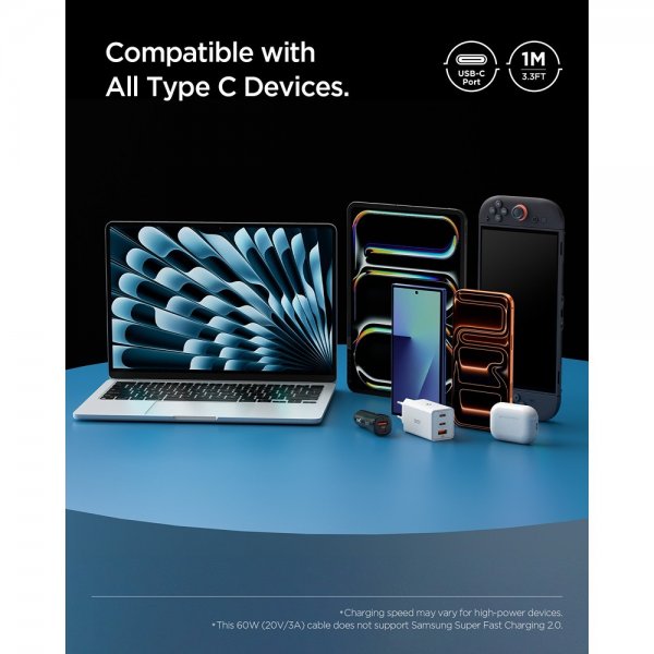 Spigen Essential Kabel USB-C till USB-C 60W 1m Vit