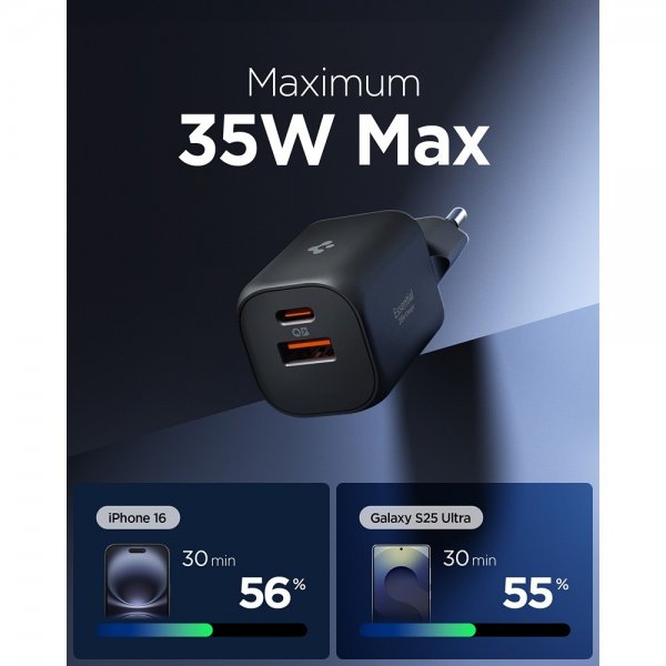 Spigen Essential Laddare 35W 1xUSB-C 1xUSB-A Svart