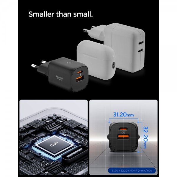 Spigen Essential Laddare 35W 1xUSB-C 1xUSB-A Svart
