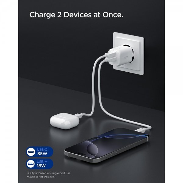 Spigen Essential Laddare 35W 1xUSB-C 1xUSB-A Vit