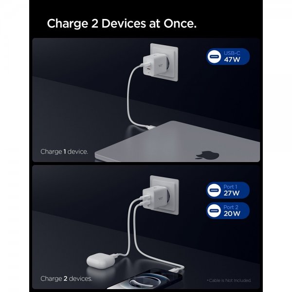 Spigen Essential Laddare 47W 2xUSB-C Vit
