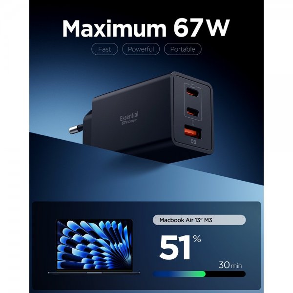 Spigen Essential Laddare 67W 2xUSB-C 1xUSB-A Svart