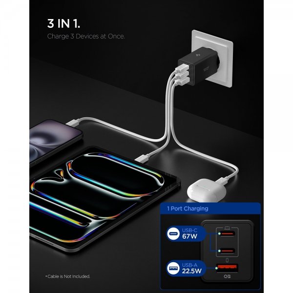 Spigen Essential Laddare 67W 2xUSB-C 1xUSB-A Svart