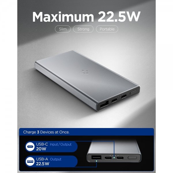 Spigen Essential Powerbank 10 000 mAh 22.5W Grå