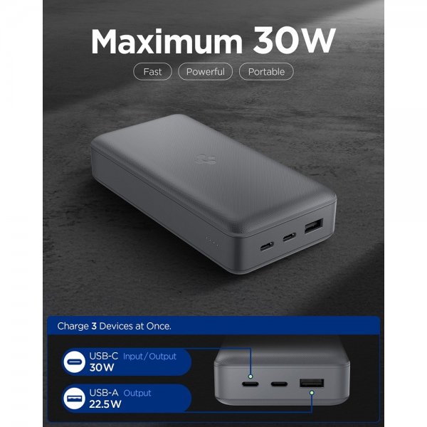 Spigen Essential Powerbank 30 000 mAh 30W Grå
