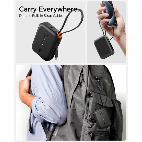 Spigen Essential Powerbank med inbyggd Kabel 10 000 mAh 30W Svart