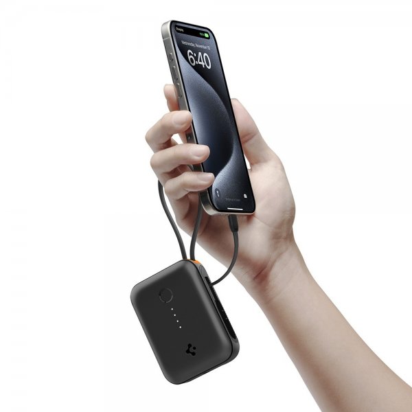 Spigen Essential Powerbank med inbyggd Kabel 10 000 mAh 30W Svart