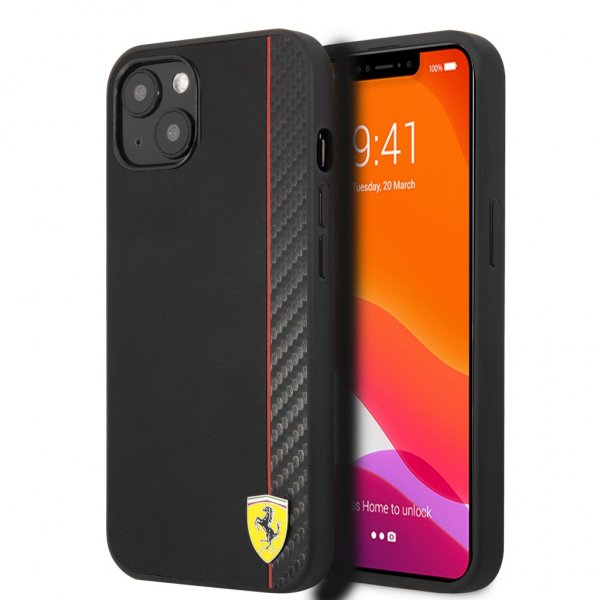 Ferrari iPhone 13 Mini Skal Carbon Effect Metal Logo Vertical Stripe Svart