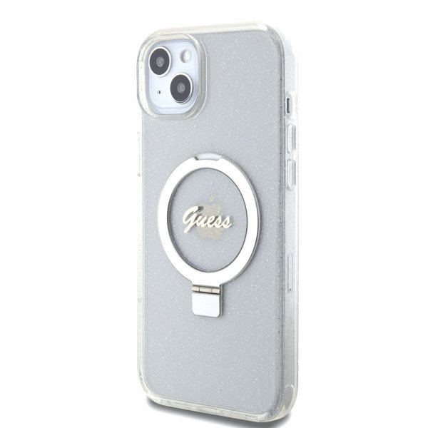 Guess iPhone 15 Plus Skal Ring Stand Glitter MagSafe Transparent