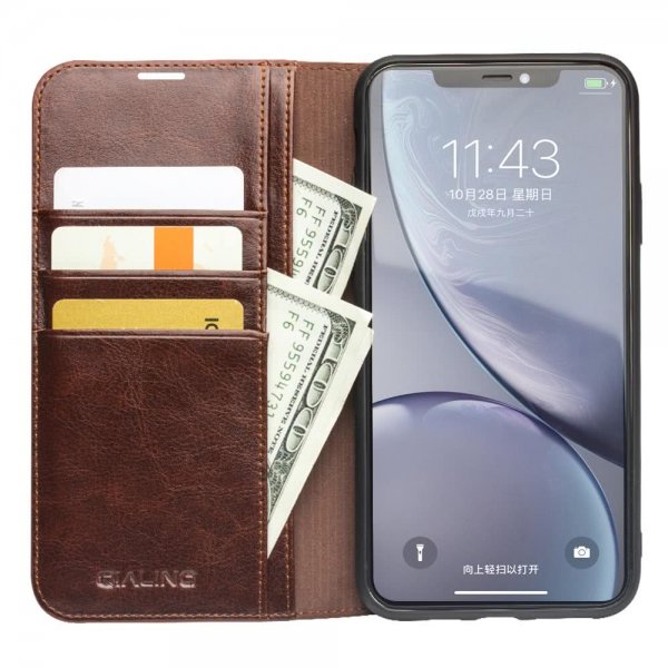 Qialino iPhone 11 Fodral Äkta Läder Kortfack Brun