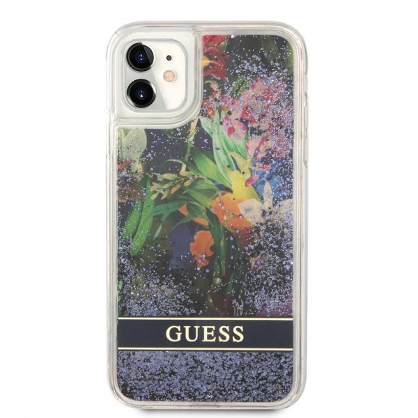 Guess iPhone 11 Skal Liquid Glitter Flower Pattern Blå
