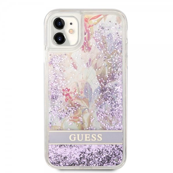 Guess iPhone 11 Skal Liquid Glitter Flower Pattern Lila