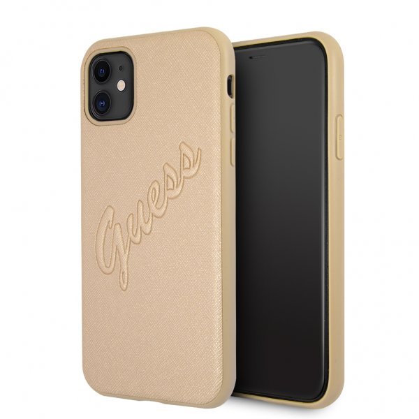 Guess iPhone 11 Skal Saffiano Vintage Script Guld