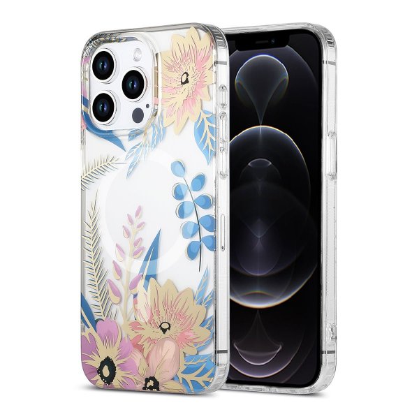 iPhone 12 Pro Max Skal Blommönster MagSafe Rosa Blå