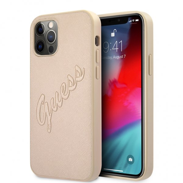 Guess iPhone 12 Pro Max Skal Saffiano Vintage Script Guld