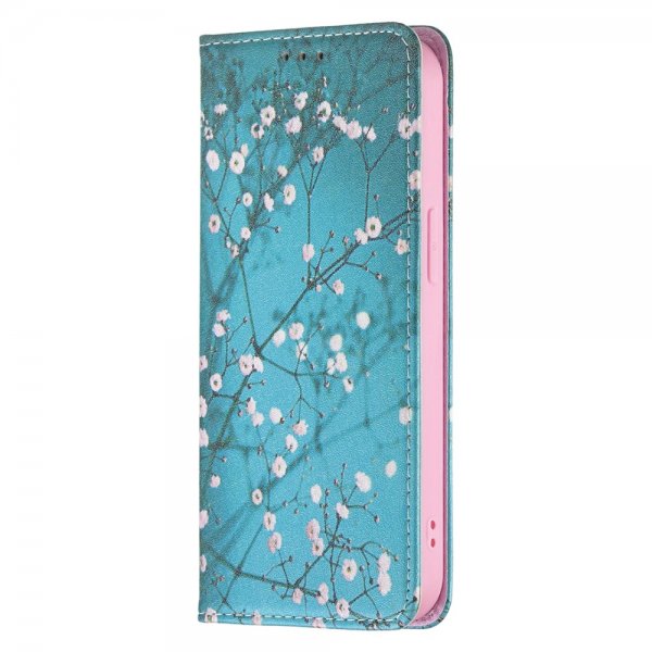 iPhone 13 Pro Fodral Flip Motiv Plommonblomster